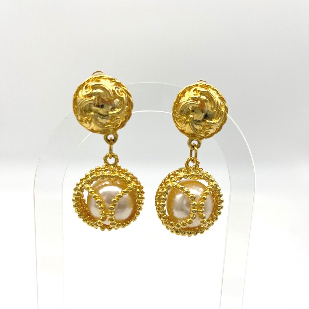 Vintage Gold Tone Faux Pearl Cage Drop Clip On Earrings‎ Ornate Statement